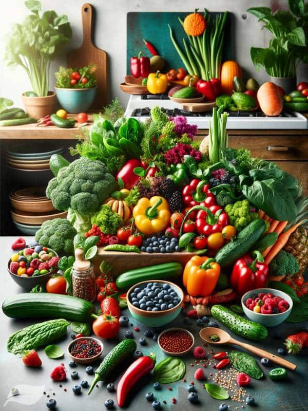 a feast for the eyes, featuring a rich array of fresh, colorful vegetables and fruits, such as leafy greens, bright peppers, berries, and legumes