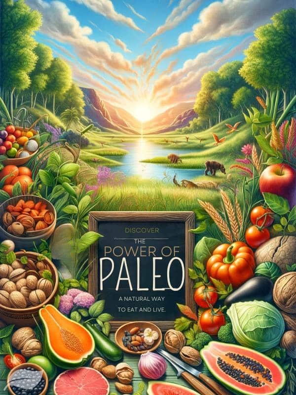 a vibrant selection of fruits, vegetables, nuts, seeds, and high-quality meats. Illustrate a backdrop that evokes a sense of harmony with nature