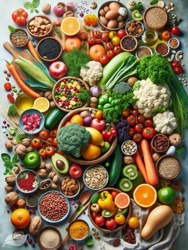 a wide variety of vibrant and fresh plant-based foods, including colorful vegetables, fruits, grains, and nuts.