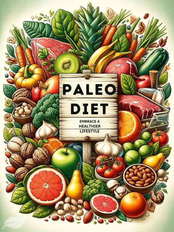 fresh fruits, vegetables, nuts, and lean meats, showcasing the variety of foods included in the paleo diet.