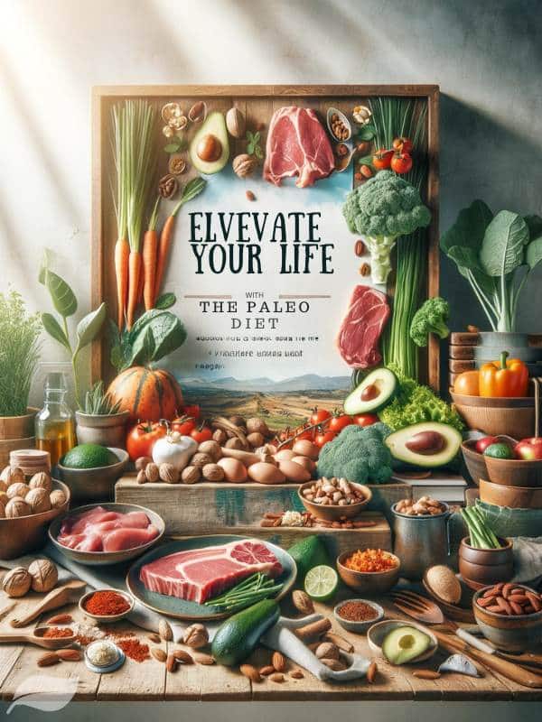 organic produce, grass-fed meats, and healthy fats like avocados and nuts, arranged artistically against a backdrop that suggests a clean, organic lifestyle