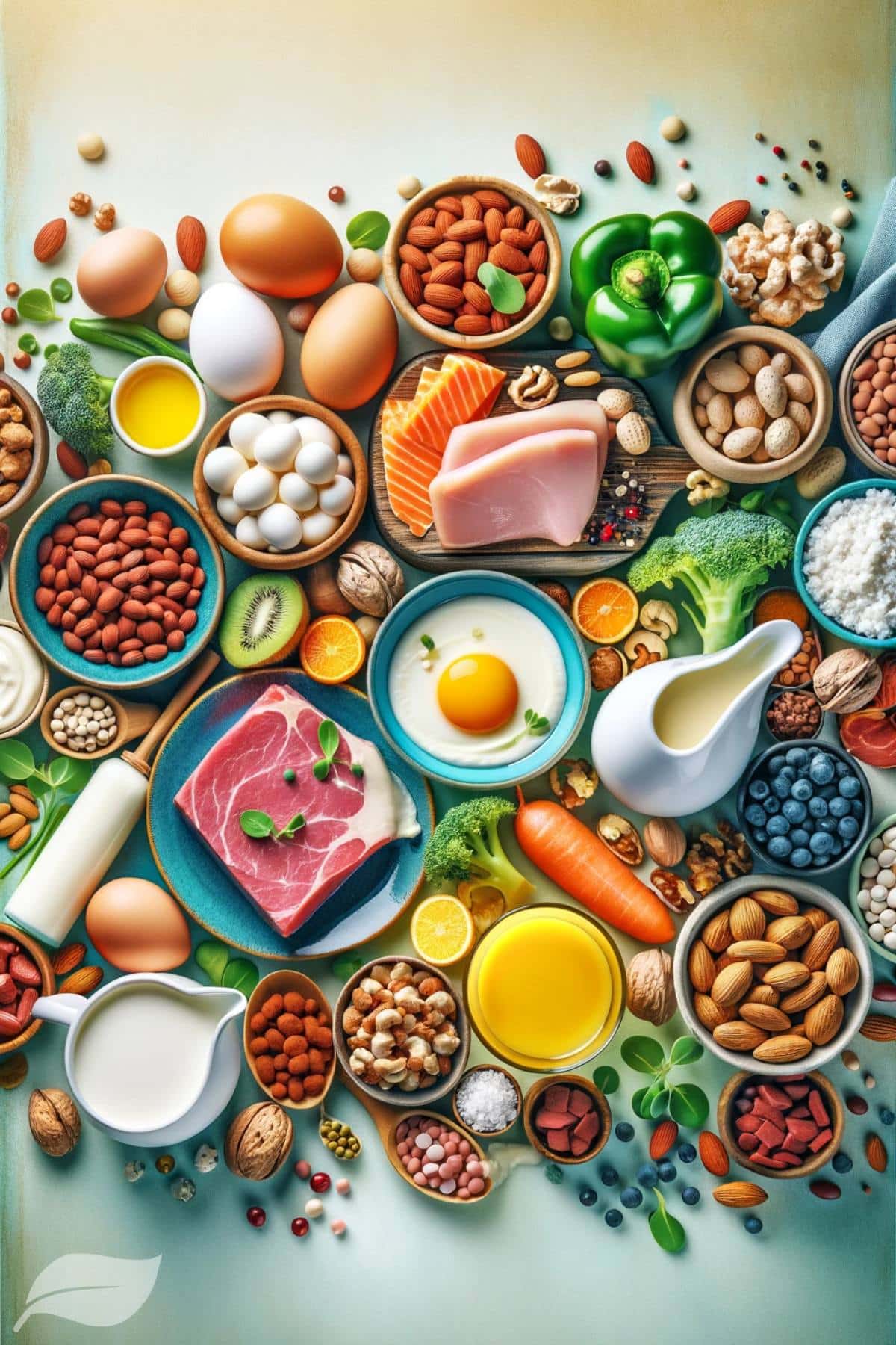 A creative and colorful featured image showcasing a variety of high-protein foods such as eggs, dairy products, nuts, legumes, and meats