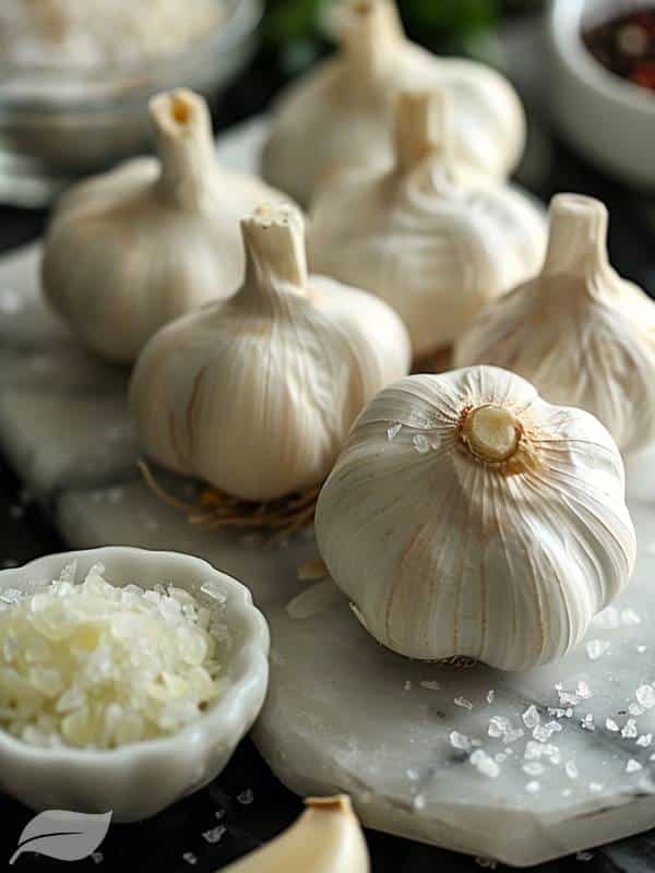 6 whole garlic wth a small white dish of chopped garlic