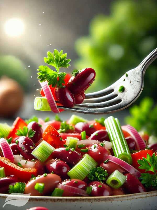 A close-up of a fork lifting a bite of red kidney bean salad.