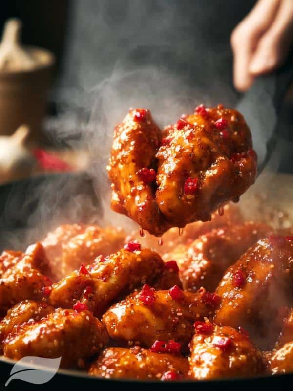 A close-up shot of the cooked garlic pepper chicken being lifted out of the wok, showcasing the steam wafting up and the glistening red-flecked sauce coating each chicken piece