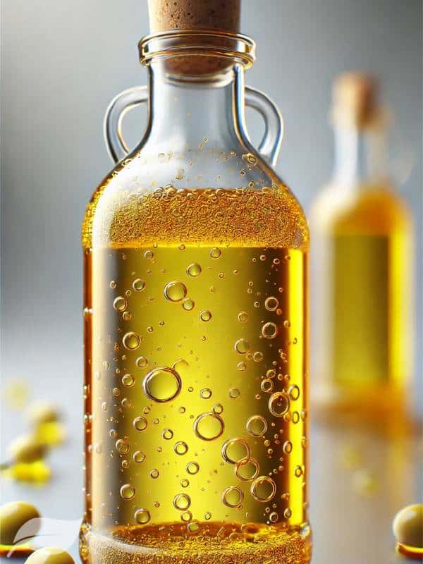 A detailed, close-up image of a bottle of olive oil. The bottle is clear, showing the golden color of the oil inside.