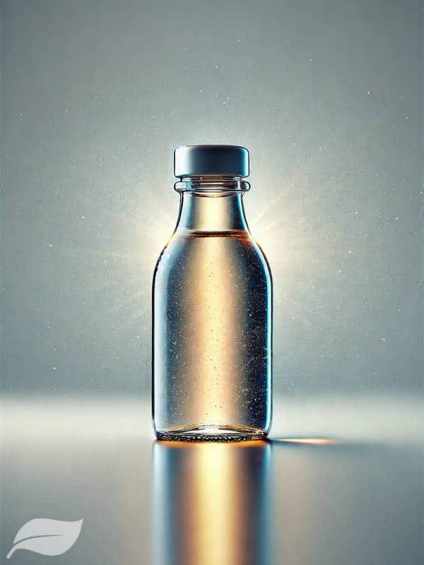 A detailed, close-up image of a bottle of vinegar. The bottle is clear, showing the liquid inside.