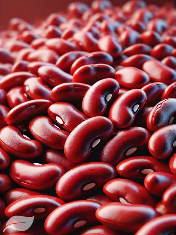 A detailed, close-up image of a handful of red kidney beans
