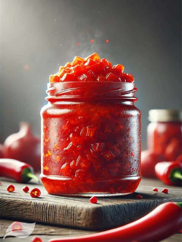 A detailed, close-up image of a jar of red pepper relish