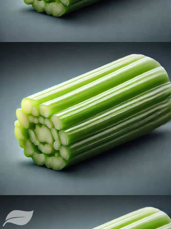 A detailed, close-up image of a single celery stick. The celery is fresh, with a light green color and crisp texture