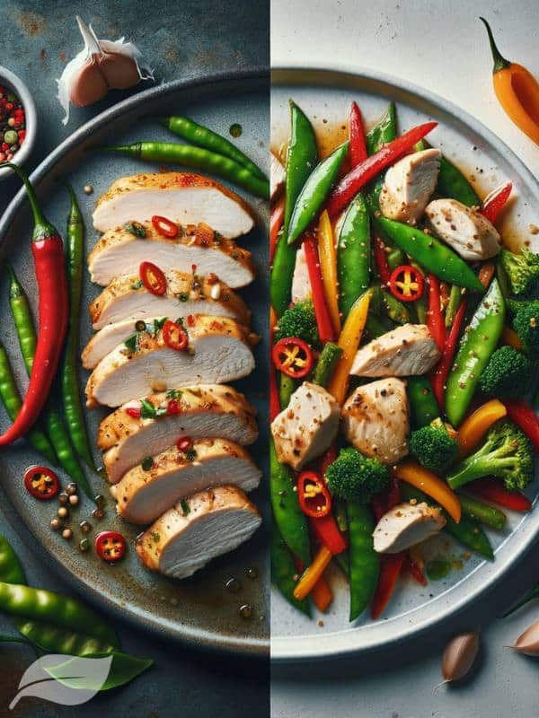 A side-by-side visual of two variations of Thai Chicken with Garlic and Pepper.