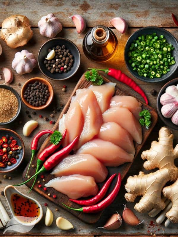 A styled flat lay shot of all the main ingredients needed for the Thai Chicken with Garlic and Pepper recipe.
