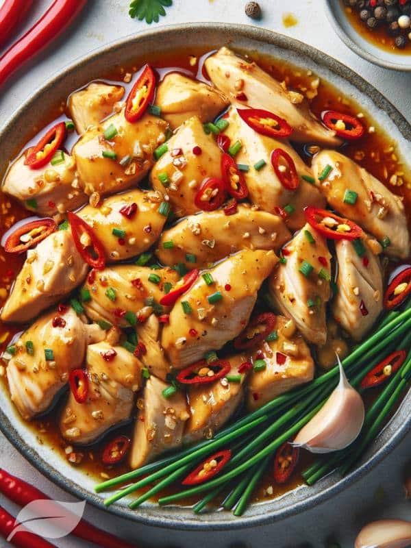 A vertical overhead shot of the finished Thai Chicken with Garlic and Pepper dish.