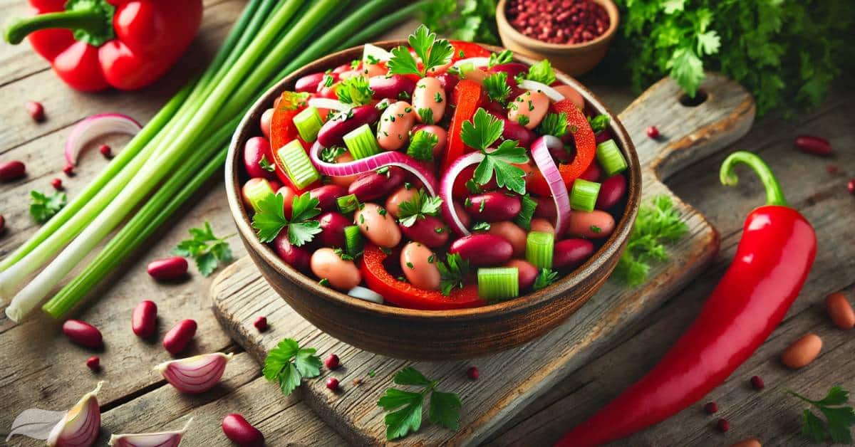 A vibrant red kidney bean salad in a bowl, presented on a rustic wooden table