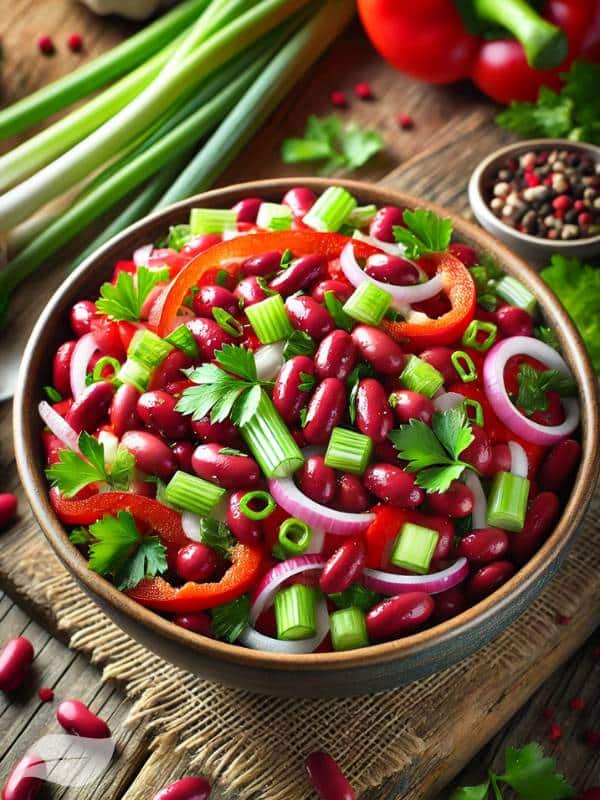 A vibrant red kidney bean salad in a bowl. The salad includes red kidney beans, chopped spring onions, parsley, sliced red bell peppers, celery, and a light dressing
