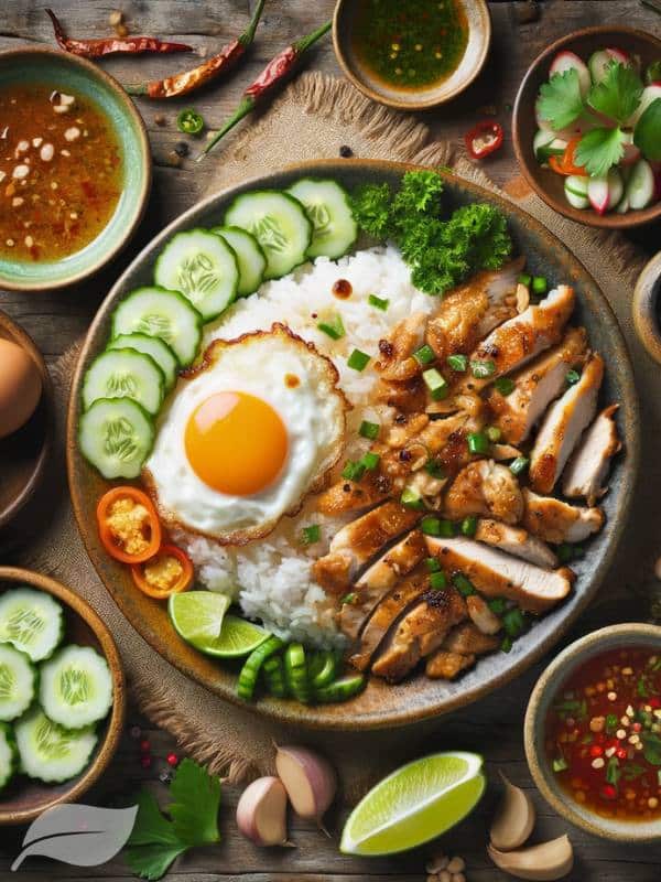 An overhead, rustic flat lay of a plate of Thai Garlic Pepper Chicken over rice, surrounded by common Thai accompaniments like a fried egg, fresh herbs, sliced cucumbers, wedges of lime, and a sma