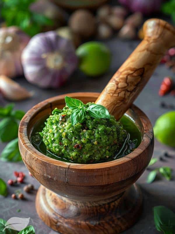 Thai Green Curry Paste in pestle and mortar
