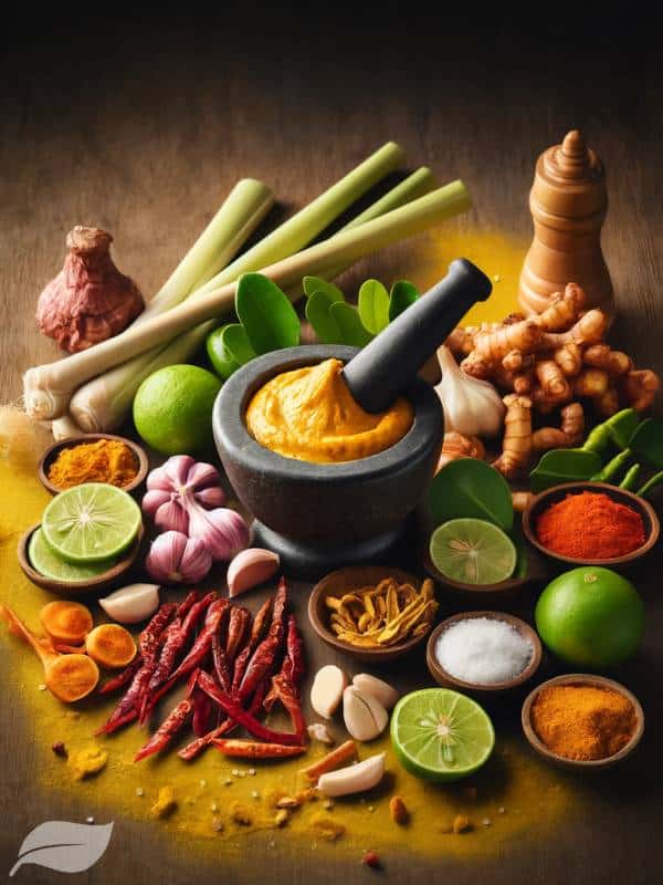 Thai Yellow Curry Paste. The ingredients such as lime skin, lemongrass, galangal, dried red chilies, shallots, garlic, shrimp paste, turmeric, and salt are laid out around a mortar and pestle
