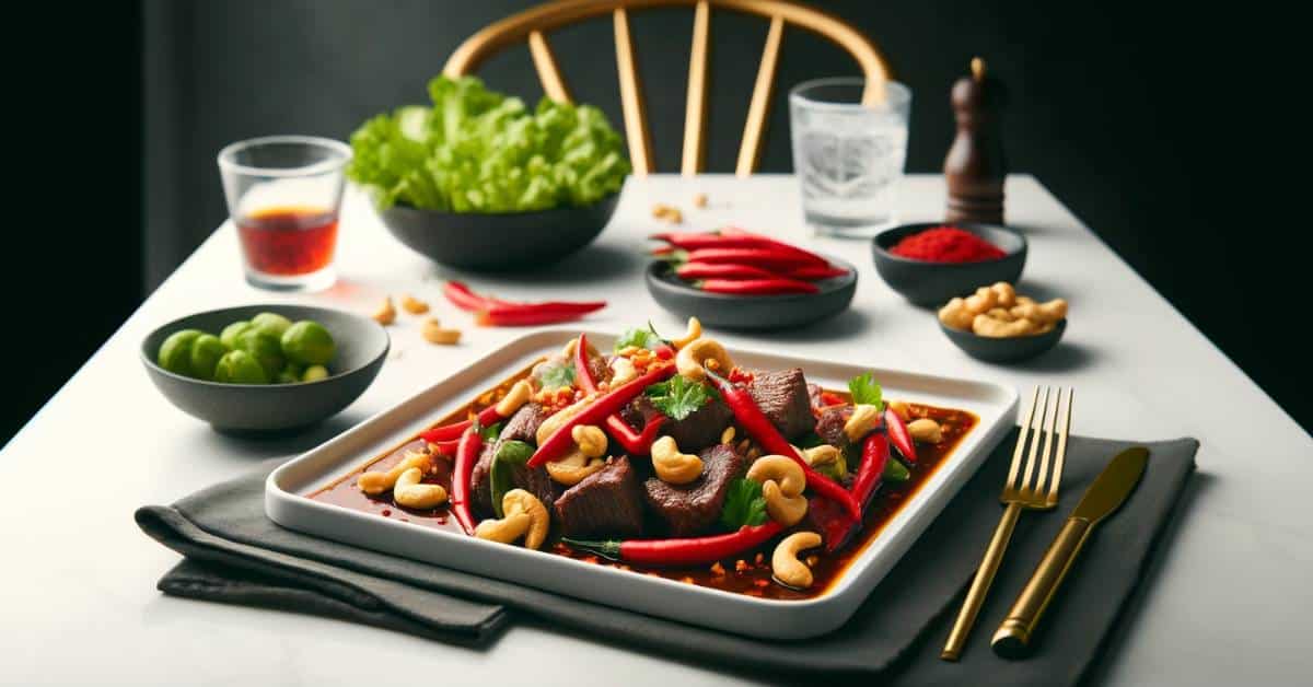 Thai beef dish with red chili and cashew nuts displayed on a sleek, rectangular white plate
