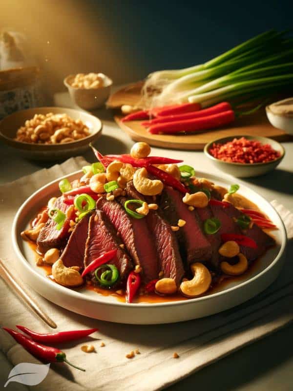 Thai beef dish with red chili and cashew nuts
