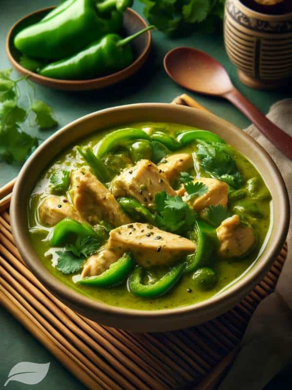 Thai green chicken curry, emphasizing a close-up view of the curry in a traditional ceramic bowl.