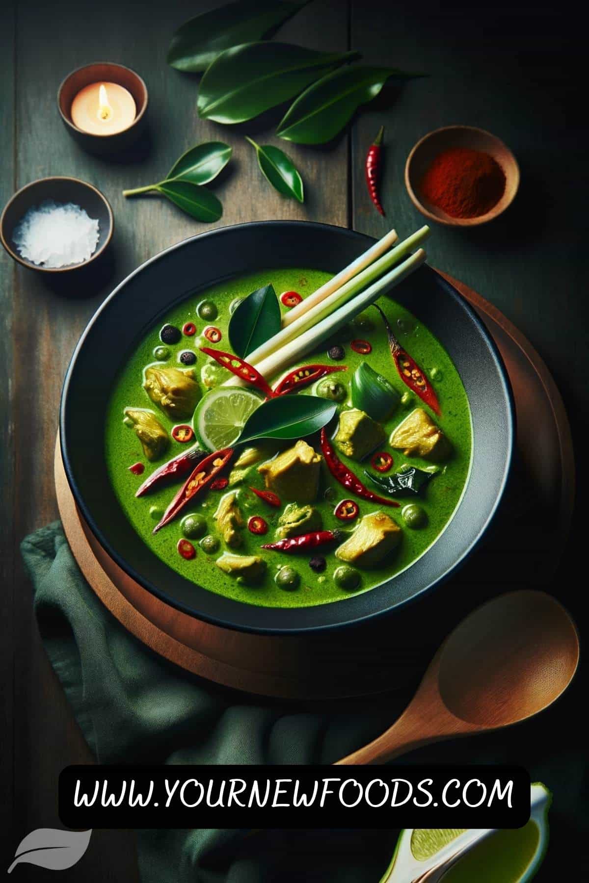 Thai green chicken curry, presenting an elevated view inside a luxurious black matte bowl.