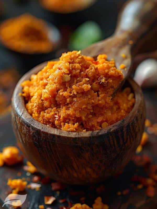 Thai red Curry Paste in a wooden bowl