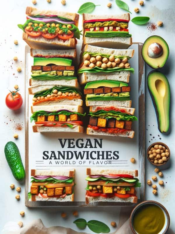 a variety of colorful vegan sandwiches, showcasing ingredients like avocado, tempeh, chickpeas, and vegetables