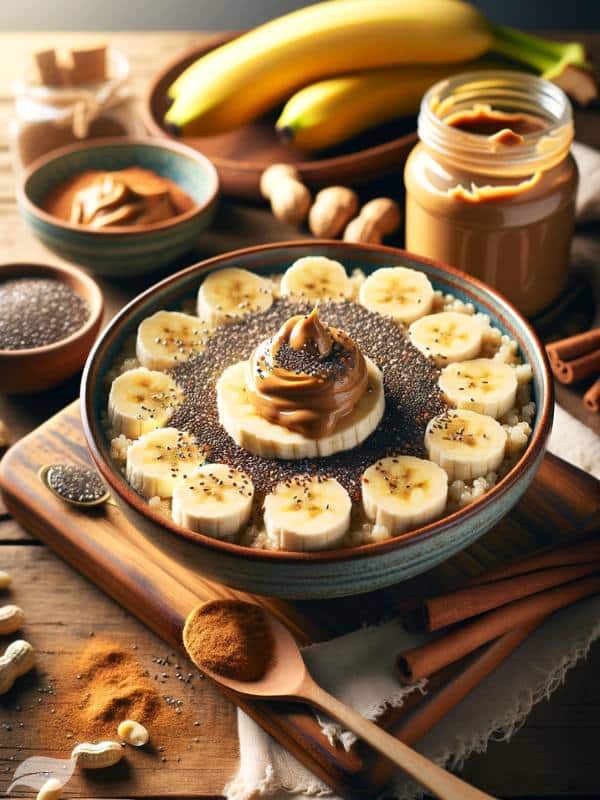 a bowl of quinoa topped with sliced banana and a dollop of peanut butter, garnished with chia seeds and a sprinkle of cinnamon.