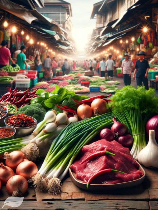 a bustling Thai market, with a focus on ingredients for stir-fried beef with onions and spring onions