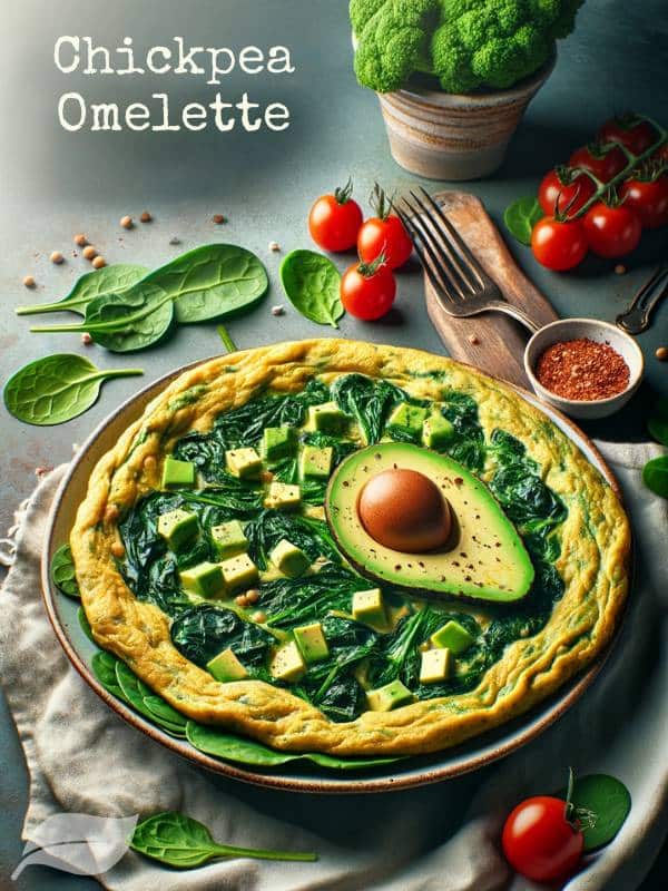 a chickpea flour omelette filled with spinach, kale, and diced avocado.