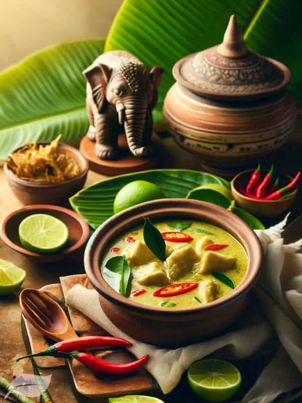 a classic Thai green chicken curry served in a rustic clay pot, surrounded by traditional Thai dining accessories.