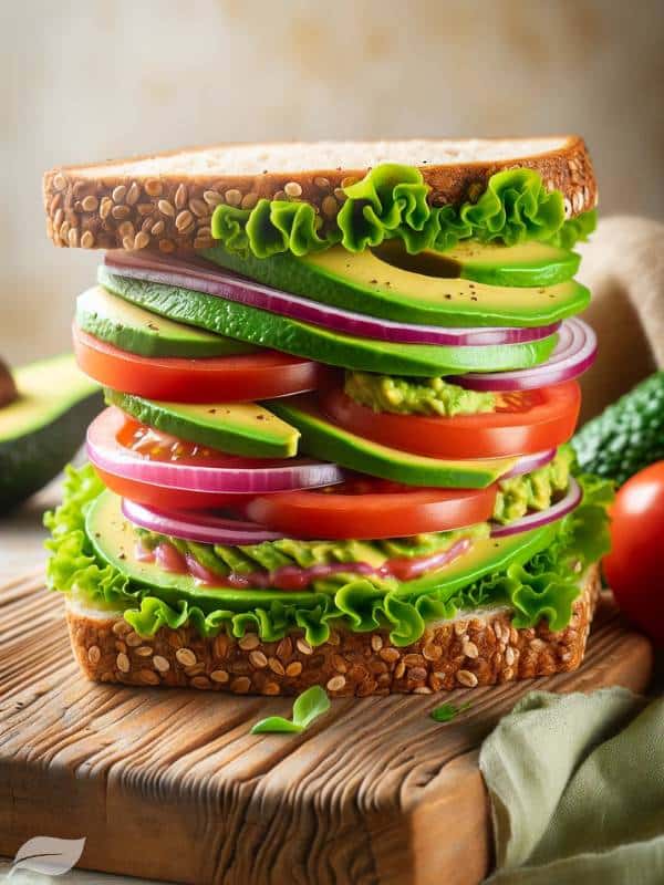 a close-up of the sandwich, showcasing layers of creamy avocado slices, ripe tomato, crisp lettuce, and red onion, beautifully arranged on multigrain bread