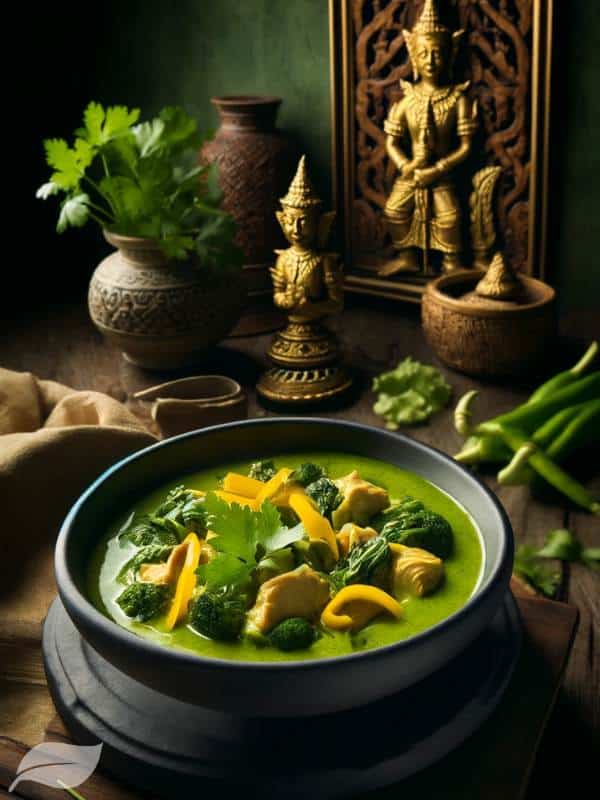 a gourmet presentation of Thai green chicken curry in a sleek, dark stone bowl