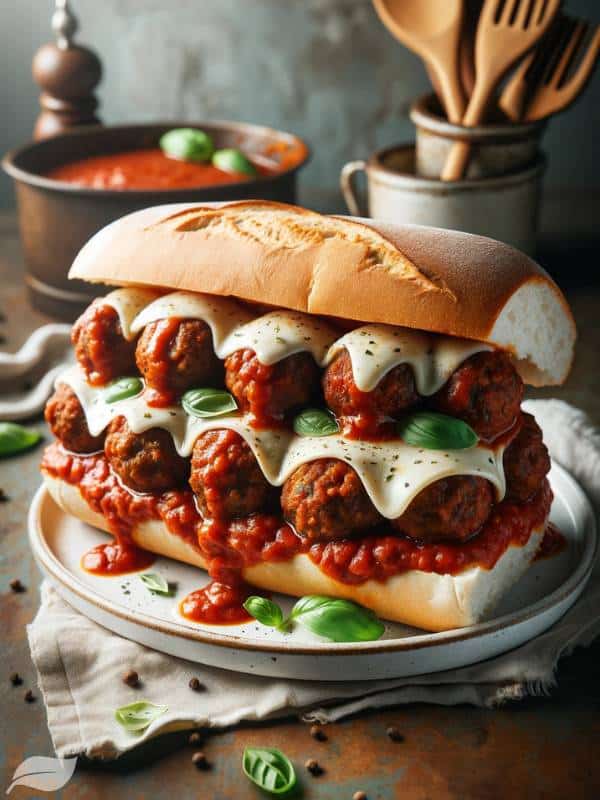 a mouth-watering sub roll generously filled with savory vegan meatballs, smothered in rich marinara sauce, and topped with melted vegan mozzarella cheese