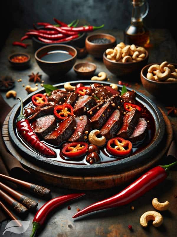 a plate of Thai beef with red chili and cashew nuts