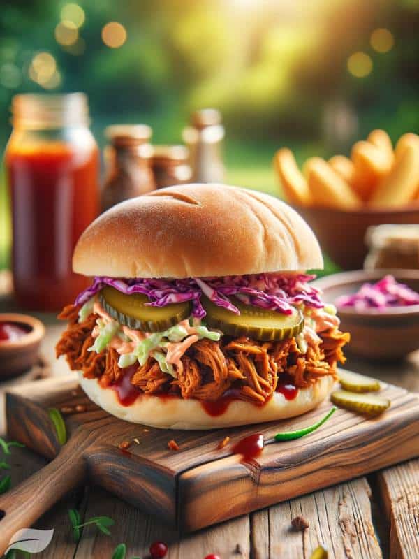 a sandwich filled with rich, BBQ-flavored jackfruit that mimics pulled pork, complemented with a tangy coleslaw and crunchy pickles.