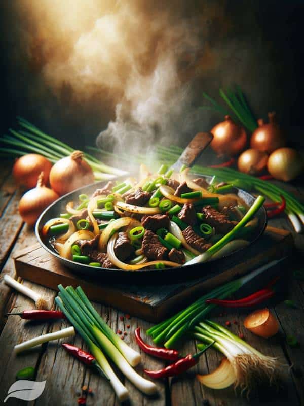 a sizzling pan of stir-fried beef with onions and spring onions on a rustic wooden table