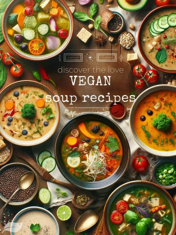 a variety of colorful, appetizing vegan soups in different bowls, showcasing diversity in ingredients and colors
