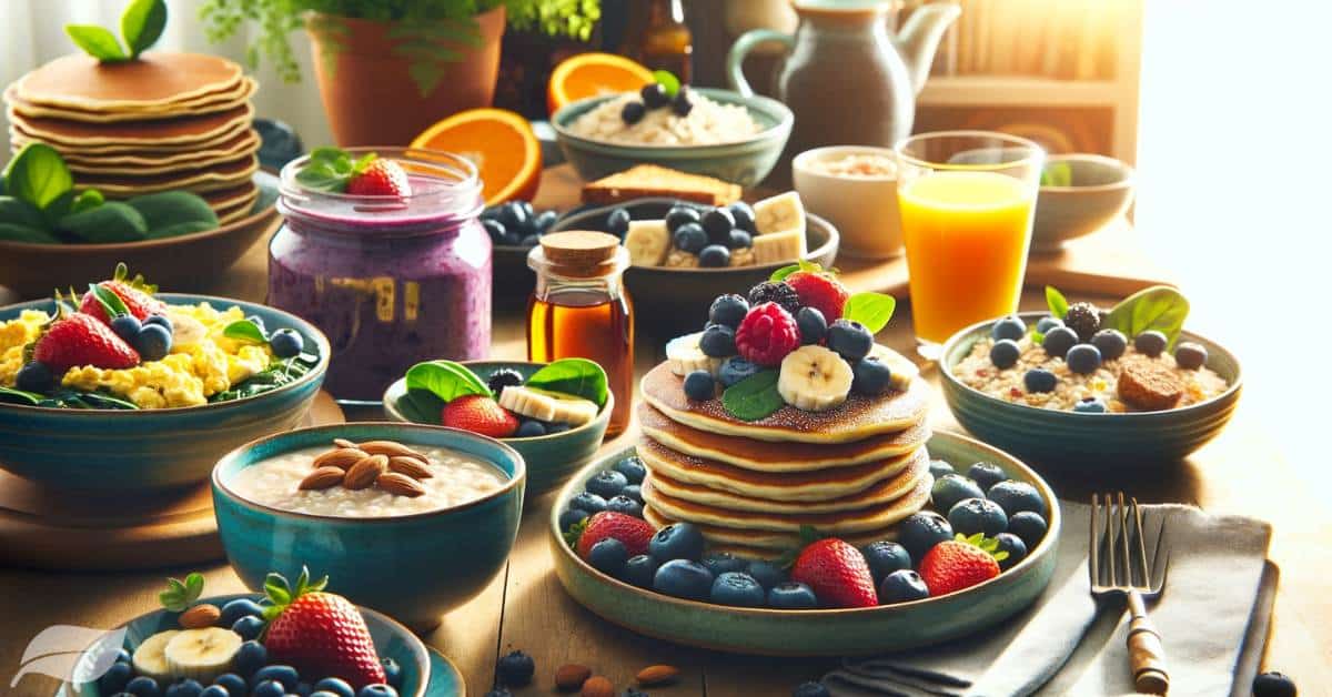 a variety of colorful breakfast dishes arranged elegantly on a wooden table.