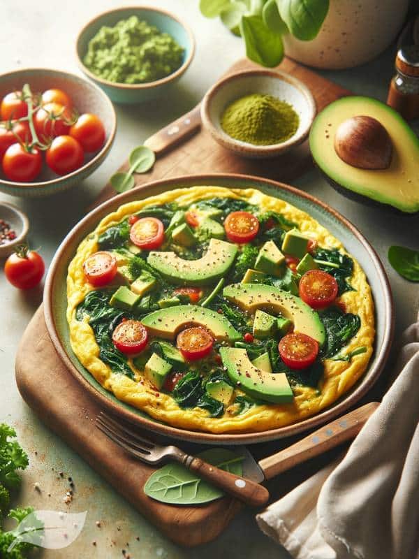 a vegan chickpea flour omelette filled with spinach, kale, and diced avocado.