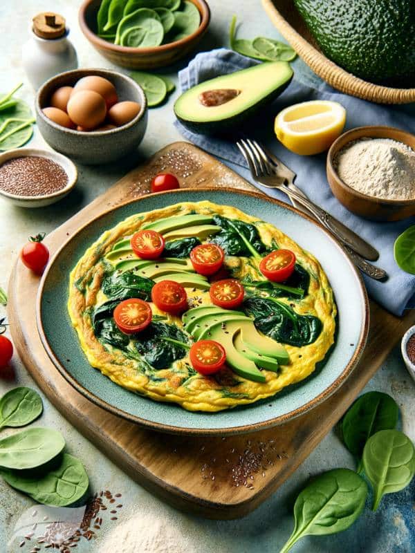 a vegan omelette made with chickpea flour, spinach, and kale.