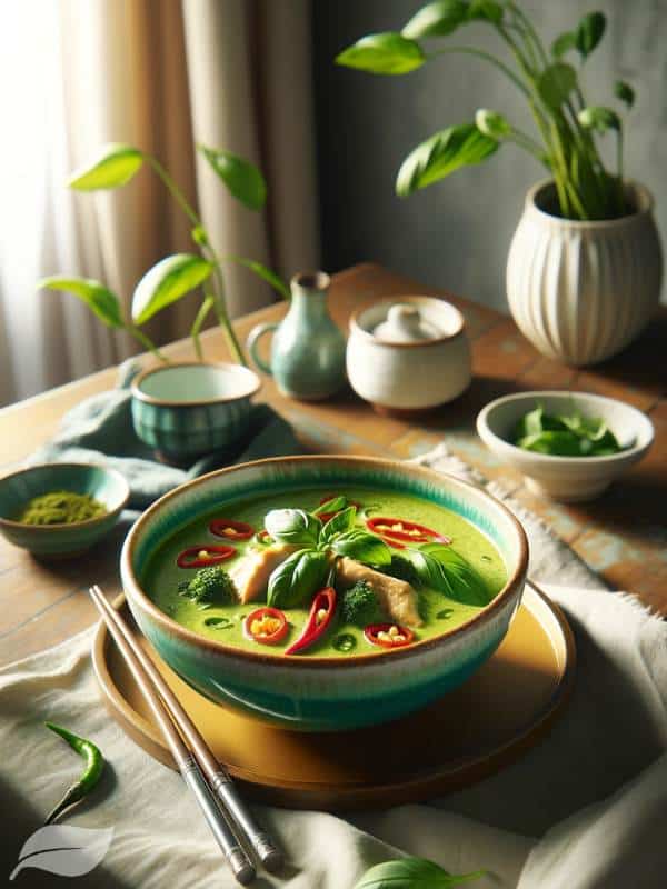 an elegant setting of Thai green chicken curry in a bright ceramic bowl.