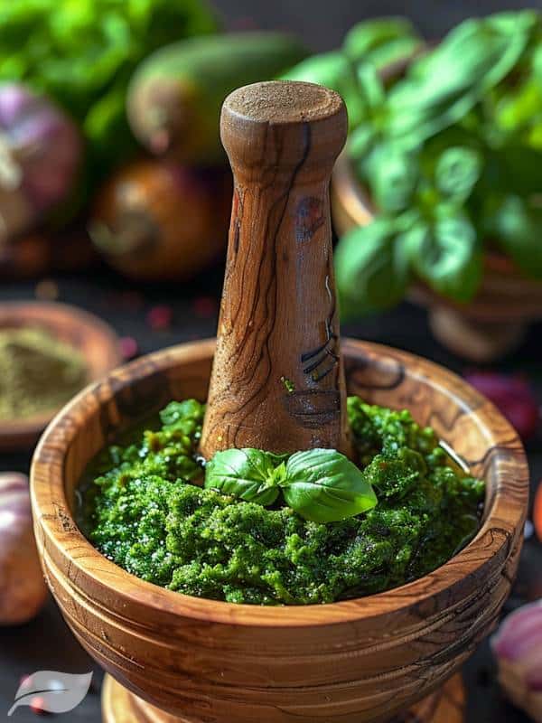 authentic Thai Green Curry Paste in pestle and mortar