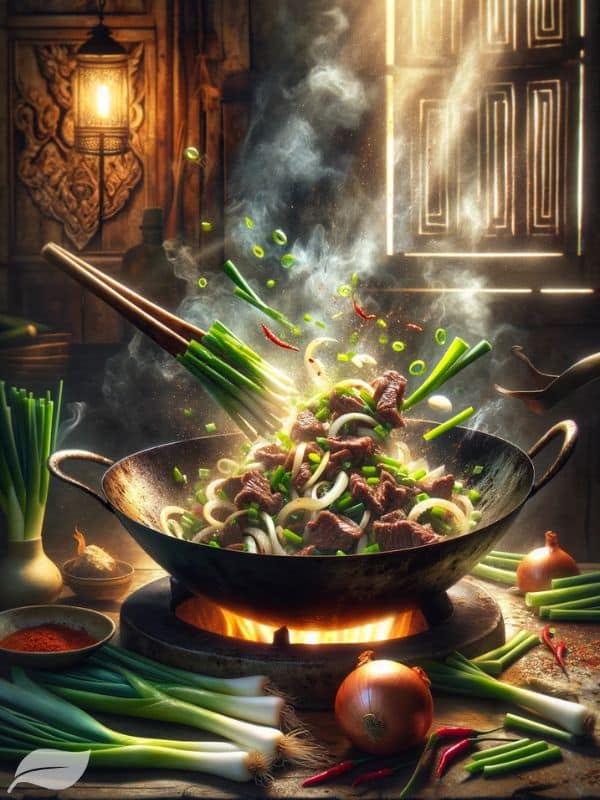cooking stir-fried beef with onions and spring onions, focusing on the moment ingredients hit the hot pan