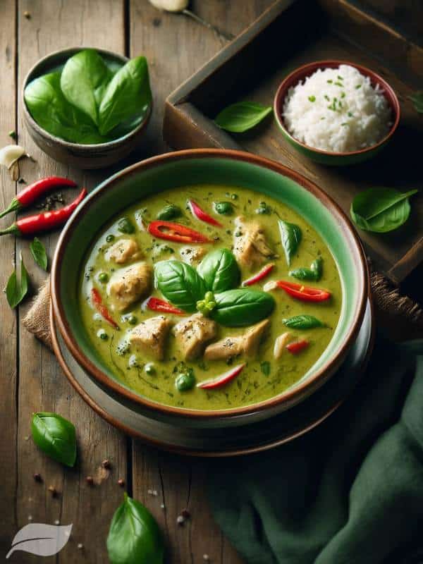 Thai green chicken curry, featuring a rich, creamy sauce in a traditional ceramic bowl