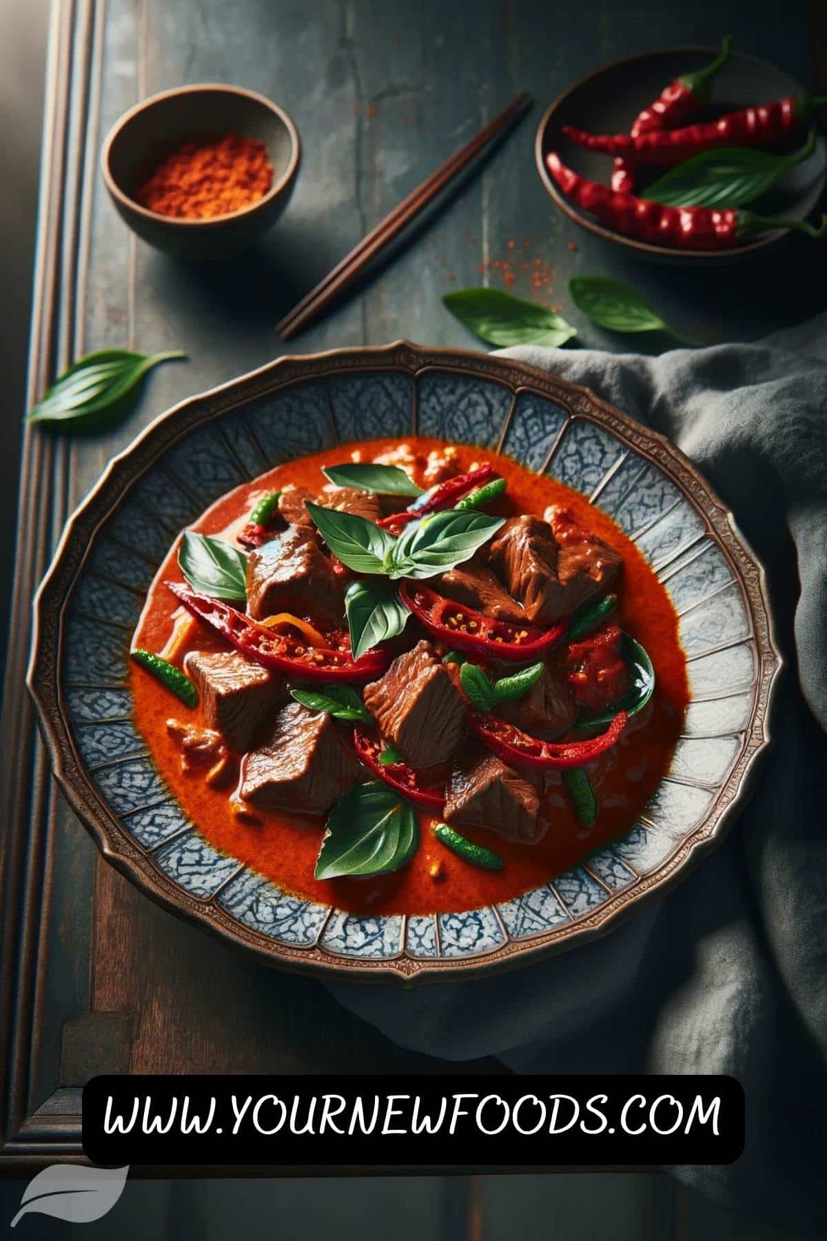 plate of Red Thai Beef Curry. The dish is elegantly presented on a fine porcelain plate, featuring a thick, spicy red curry sauce with chunks of tender beef, garnished with green Thai basil leaves and thin slices of red bell pepper.