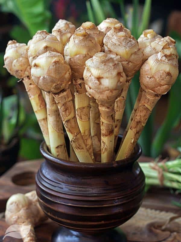 several sticks of Galangal stood up in a brown bowl