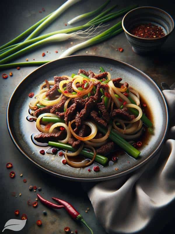 stir-fried beef with onions and spring onions, served on a fine dining plate