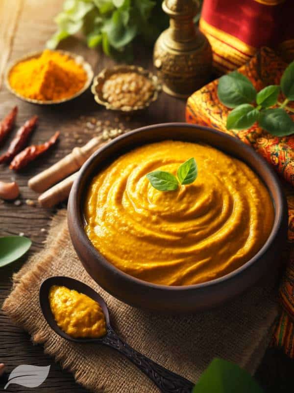 vibrant image of Thai Yellow Curry Paste in a traditional bowl.
